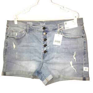 Ana Shorts Womens 20 XXL Denim Jean Button Fly Mom High Rise Rips Light Blue